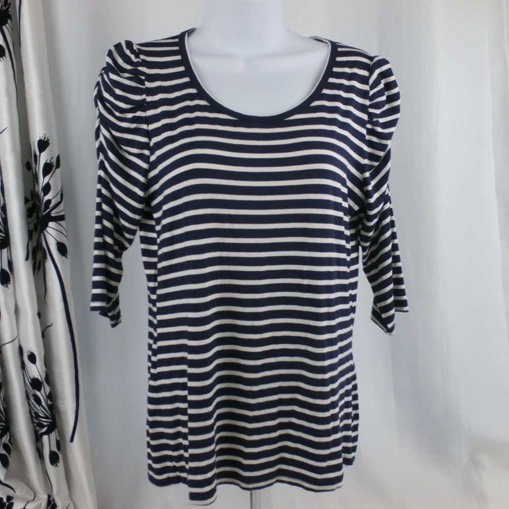 Navy & White Stripe Scoop Neck Rushed 3/4 Sleeves